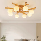 Traditional Japanese Round Fan Wood Glass 3/5/8 Light Semi-flush Mount Ceiling Light for Living Room
