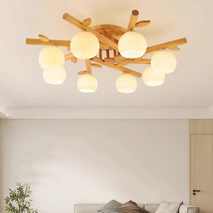 Traditional Japanese Round Fan Wood Glass 3/5/8 Light Semi-flush Mount Ceiling Light for Living Room