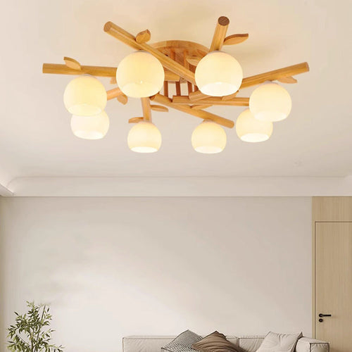 Traditional Japanese Round Fan Wood Glass 3/5/8 Light Semi-flush Mount Ceiling Light for Living Room