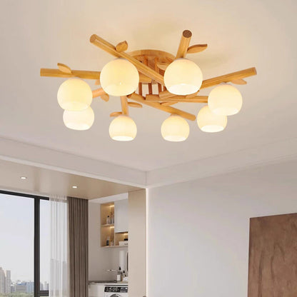 Traditional Japanese Round Fan Wood Glass 3/5/8 Light Semi-flush Mount Ceiling Light for Living Room