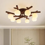 Traditional Japanese Round Fan Wood Glass 3/5/8 Light Semi-flush Mount Ceiling Light for Living Room