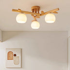 Traditional Japanese Round Fan Wood Glass 3/5/8 Light Semi-flush Mount Ceiling Light for Living Room