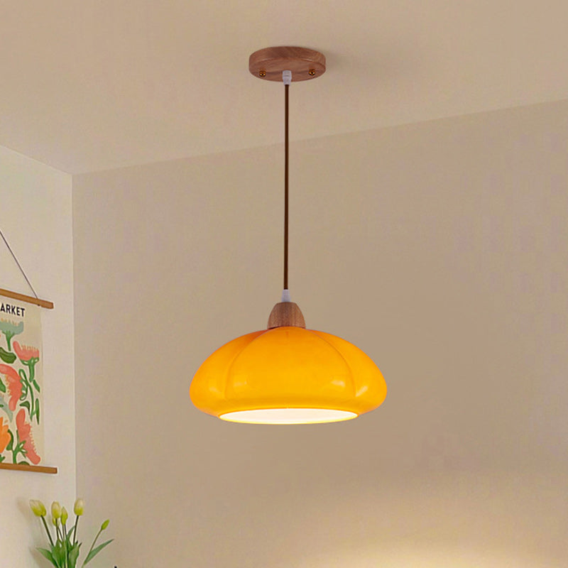 Traditional Vintage Pumpkin Wood Glass 1-Light Pendant Light For Dining Room