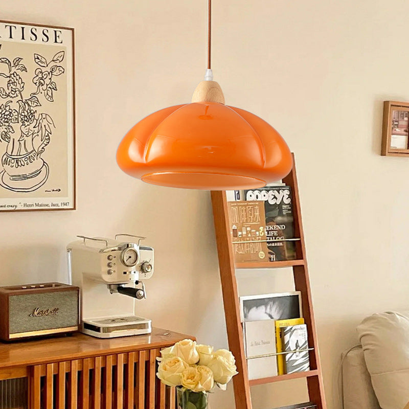 Traditional Vintage Pumpkin Wood Glass 1-Light Pendant Light For Dining Room