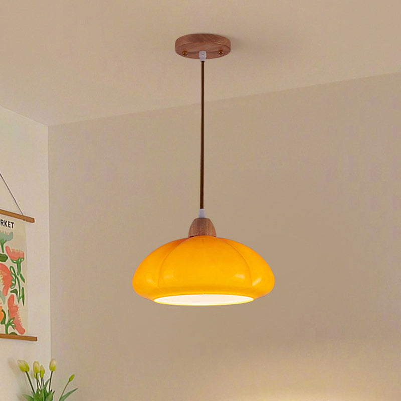Traditional Vintage Pumpkin Wood Glass 1-Light Pendant Light For Dining Room