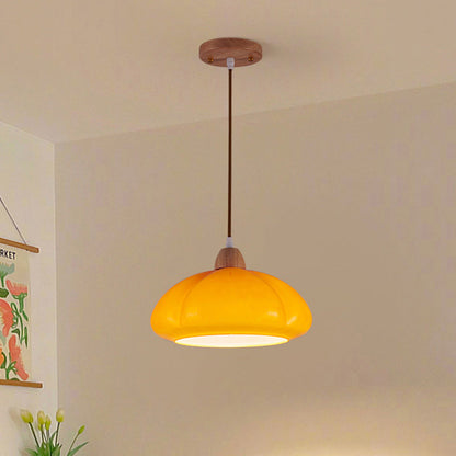 Traditional Vintage Pumpkin Wood Glass 1-Light Pendant Light For Dining Room
