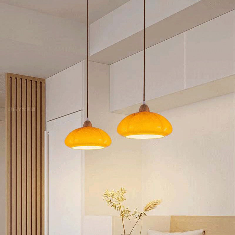 Traditional Vintage Pumpkin Wood Glass 1-Light Pendant Light For Dining Room