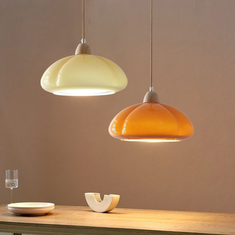 Traditional Vintage Pumpkin Wood Glass 1-Light Pendant Light For Dining Room