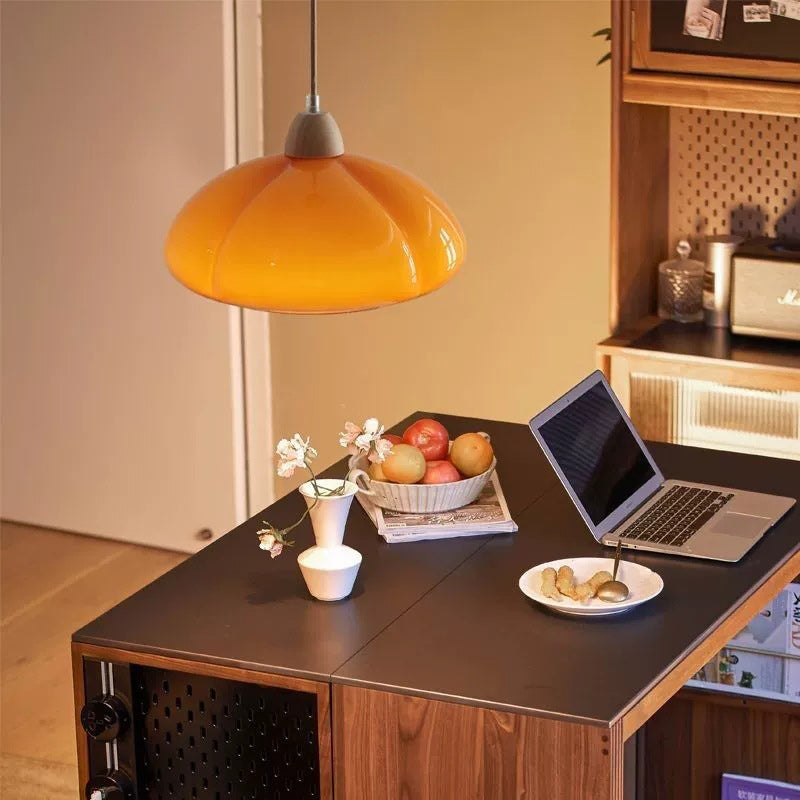 Traditional Vintage Pumpkin Wood Glass 1-Light Pendant Light For Dining Room