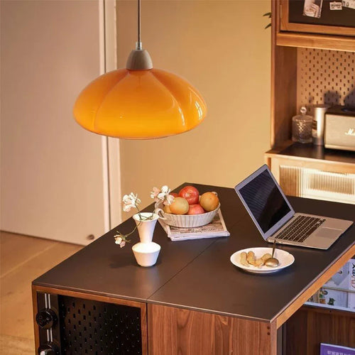 Traditional Vintage Pumpkin Wood Glass 1-Light Pendant Light For Dining Room