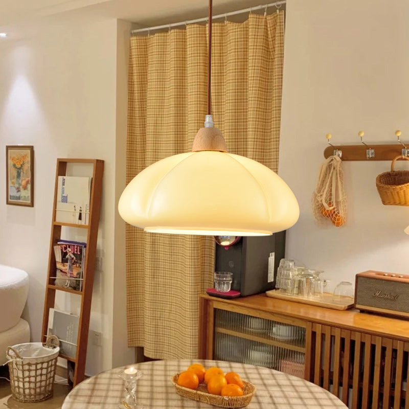 Traditional Vintage Pumpkin Wood Glass 1-Light Pendant Light For Dining Room
