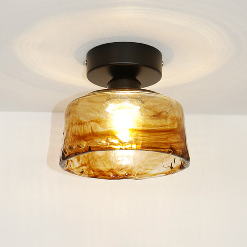 Traditional Vintage Bowl Iron Glass 1-light Semi-flush Mount Ceiling Light for Hallway