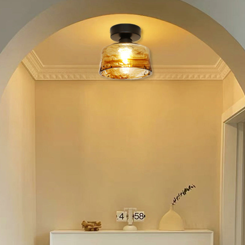 Traditional Vintage Bowl Iron Glass 1-light Semi-flush Mount Ceiling Light for Hallway