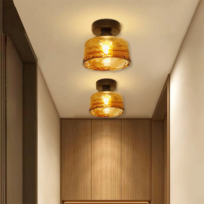 Traditional Vintage Bowl Iron Glass 1-light Semi-flush Mount Ceiling Light for Hallway