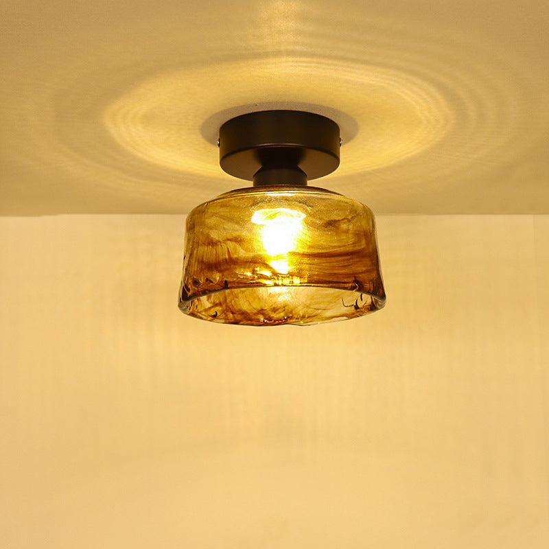 Traditional Vintage Bowl Iron Glass 1-light Semi-flush Mount Ceiling Light for Hallway