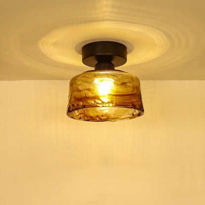Traditional Vintage Bowl Iron Glass 1-light Semi-flush Mount Ceiling Light for Hallway