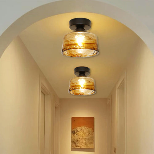 Traditional Vintage Bowl Iron Glass 1-light Semi-flush Mount Ceiling Light for Hallway