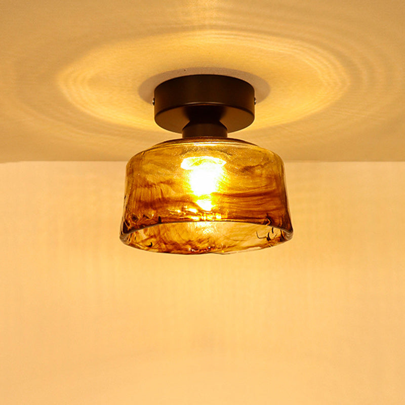 Traditional Vintage Bowl Iron Glass 1-light Semi-flush Mount Ceiling Light for Hallway