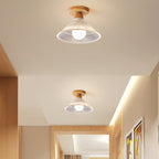 Traditional Japanese Flower Disc Glass Wood 1-light Semi-flush Mount Ceiling Light for Hallway