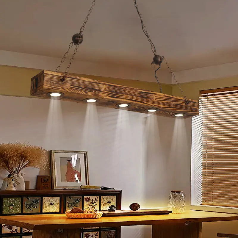 Traditional Vintage Rectangular Iron Wood LED Island Light Chandelier for Dining Room Lumendat