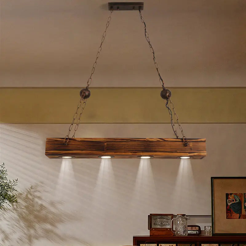 Traditional Vintage Rectangular Iron Wood LED Island Light Chandelier for Dining Room Lumendat