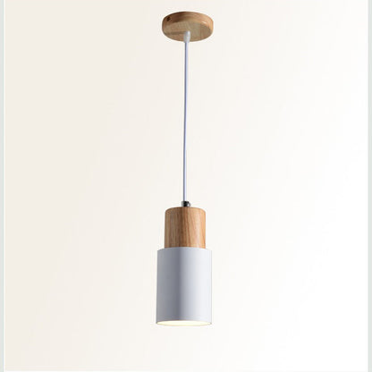 Modern Minimalist Cylindrical Iron Wood 1-Light Pendant Light For Bedroom