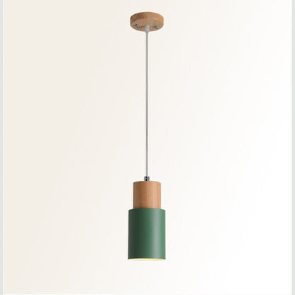 Modern Minimalist Cylindrical Iron Wood 1-Light Pendant Light For Bedroom