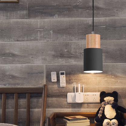 Modern Minimalist Cylindrical Iron Wood 1-Light Pendant Light For Bedroom