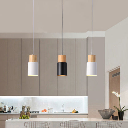Modern Minimalist Cylindrical Iron Wood 1-Light Pendant Light For Bedroom