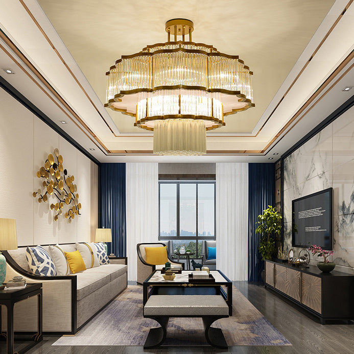 Modern Art Deco Circular Lace Iron Glass 7/9/18/23 Light Semi-flush Mount Ceiling Light for Dining Room