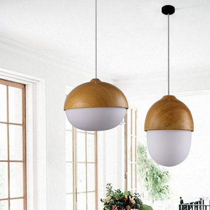 Contemporary Scandinavian Nut Glass Iron Wood 1-Light Pendant Light For Bedroom