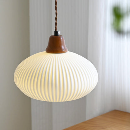 Modern Minimalist Elliptical Semicircle Ceramic Iron Wood 1-Light Pendant Light For Bedroom