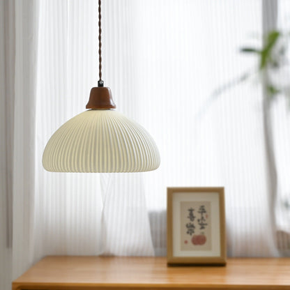 Modern Minimalist Elliptical Semicircle Ceramic Iron Wood 1-Light Pendant Light For Bedroom