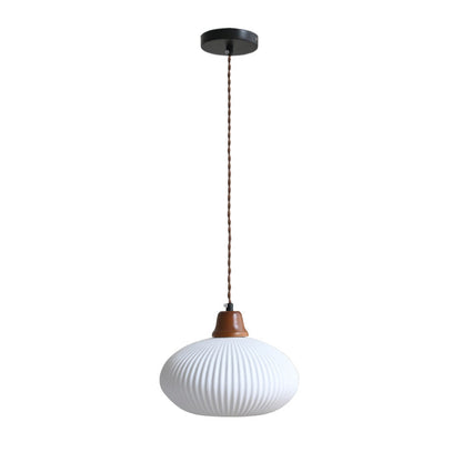 Modern Minimalist Elliptical Semicircle Ceramic Iron Wood 1-Light Pendant Light For Bedroom
