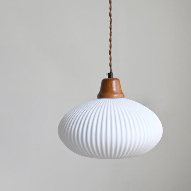 Modern Minimalist Elliptical Semicircle Ceramic Iron Wood 1-Light Pendant Light For Bedroom