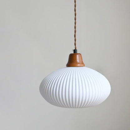 Modern Minimalist Elliptical Semicircle Ceramic Iron Wood 1-Light Pendant Light For Bedroom