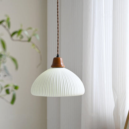 Modern Minimalist Elliptical Semicircle Ceramic Iron Wood 1-Light Pendant Light For Bedroom