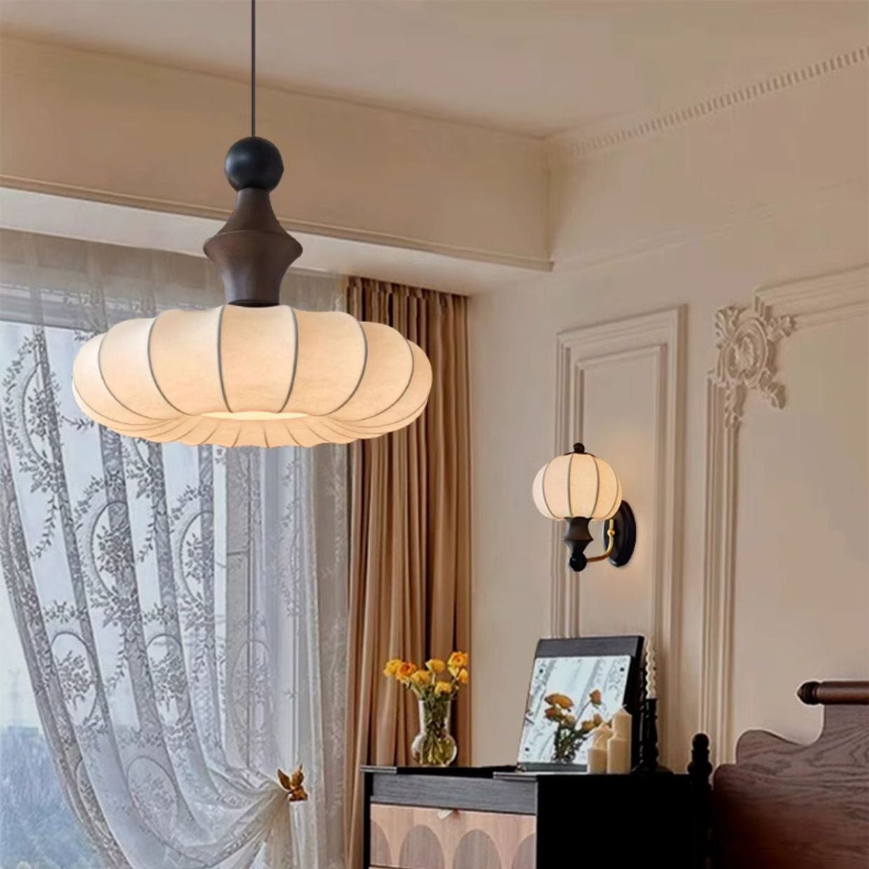 Traditional Chinese Circular Ball Ring Wood Fabric 1-light Pendant Light for Bedroom