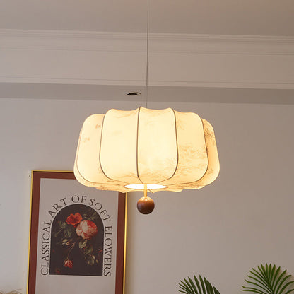 Traditional Chinese Flat Round Fabric Wood 3/4 Light Pendant Light for Bedroom