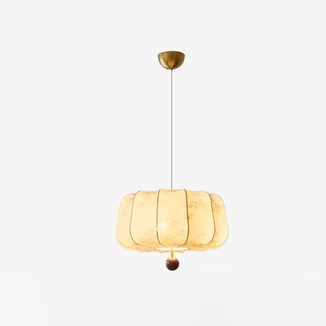 Traditional Chinese Flat Round Fabric Wood 3/4 Light Pendant Light for Bedroom