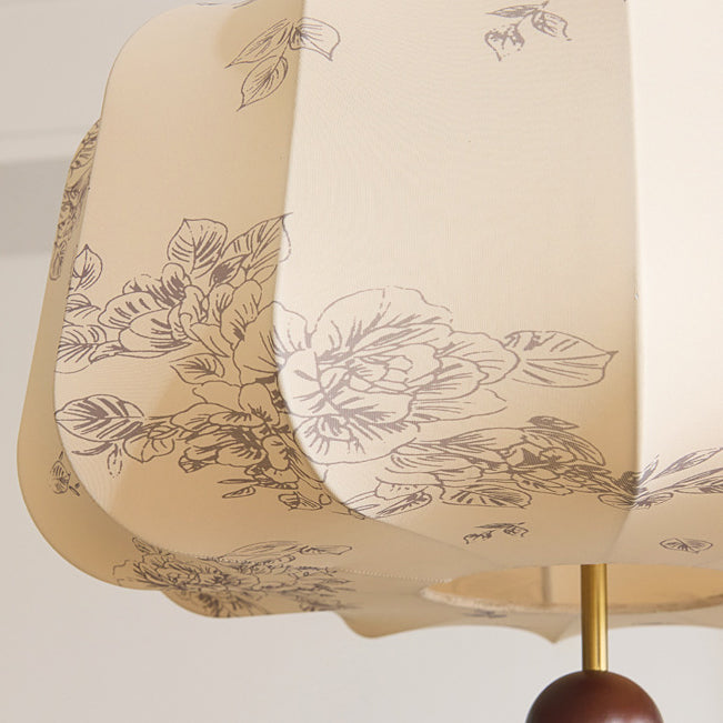 Traditional Chinese Flat Round Fabric Wood 3/4 Light Pendant Light for Bedroom