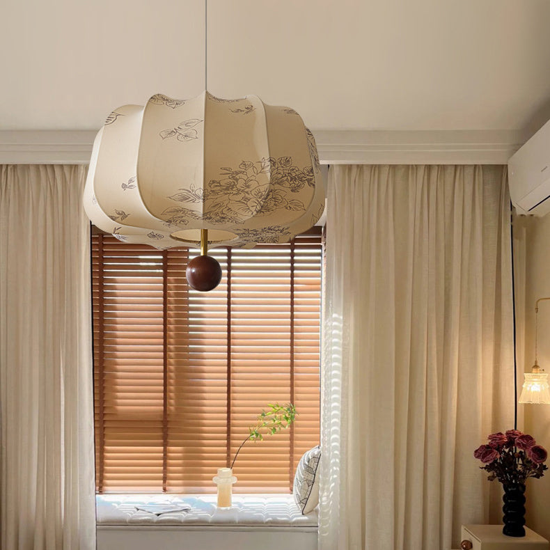 Traditional Chinese Flat Round Fabric Wood 3/4 Light Pendant Light for Bedroom