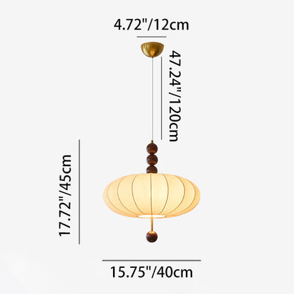 Traditional Chinese Flat Round Fabric Wood 3/4 Light Pendant Light for Bedroom