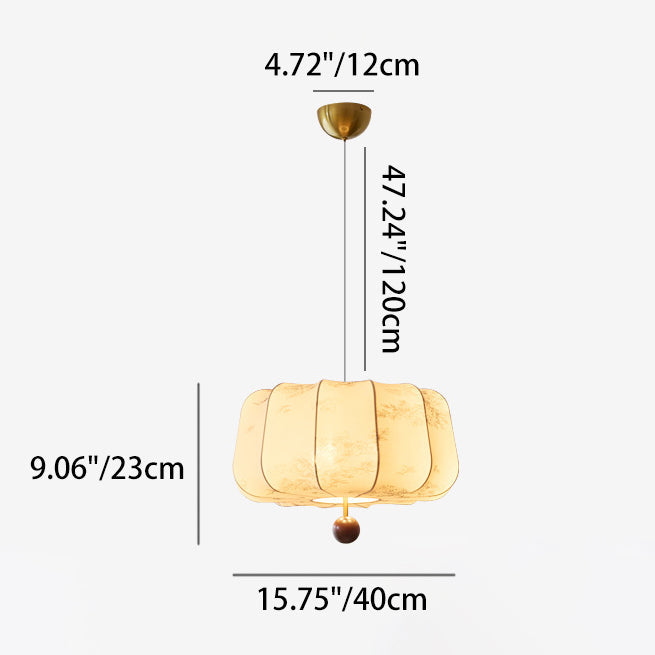 Traditional Chinese Flat Round Fabric Wood 3/4 Light Pendant Light for Bedroom