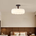 Modern Minimalist Cylindrical Cloud Acrylic White Ash Wood Iron LED Semi-flush Mount Ceiling Light for Bedroom