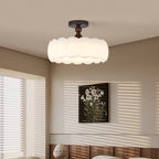 Modern Minimalist Cylindrical Cloud Acrylic White Ash Wood Iron LED Semi-flush Mount Ceiling Light for Bedroom