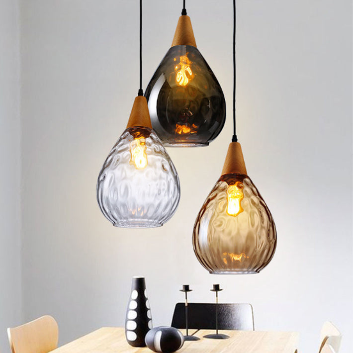 Modern Minimalist Water Drop Glass Wood 1-light Pendant Light for Dining Room BulbSquare