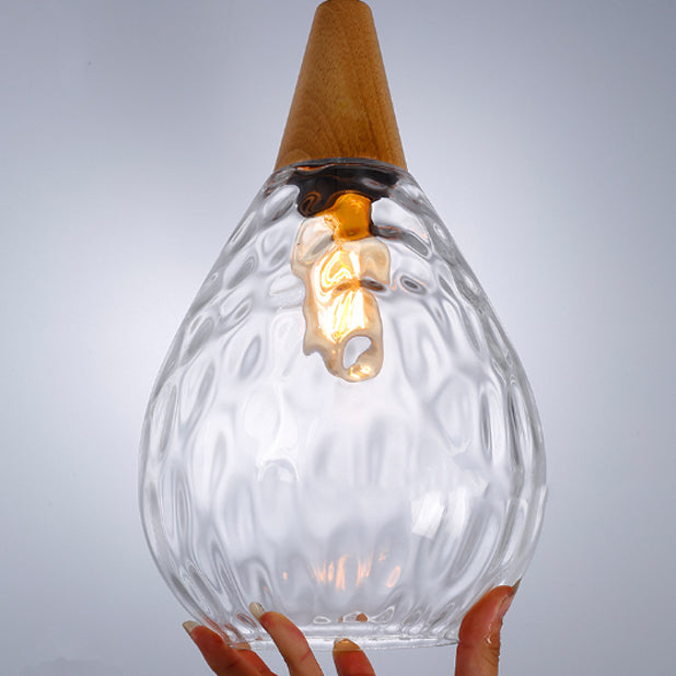 Modern Minimalist Water Drop Glass Wood 1-light Pendant Light for Dining Room BulbSquare
