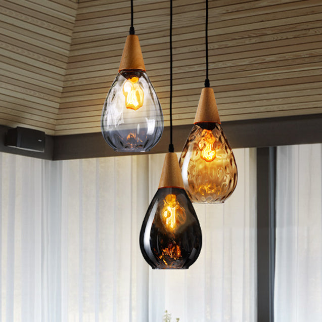 Modern Minimalist Water Drop Glass Wood 1-light Pendant Light for Dining Room BulbSquare