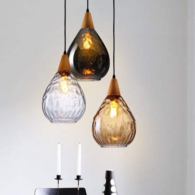 Modern Minimalist Water Drop Glass Wood 1-light Pendant Light for Dining Room BulbSquare